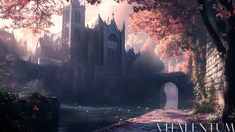Gothic riverside cathedral stands amid misty autumn trees