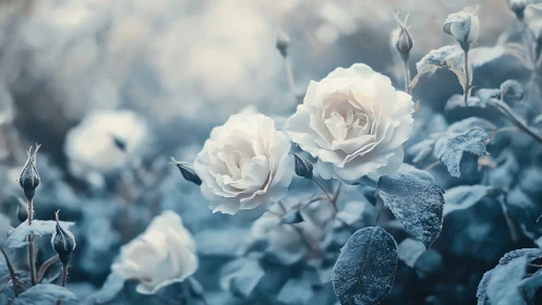 White Roses Covered in Frost and Ice
