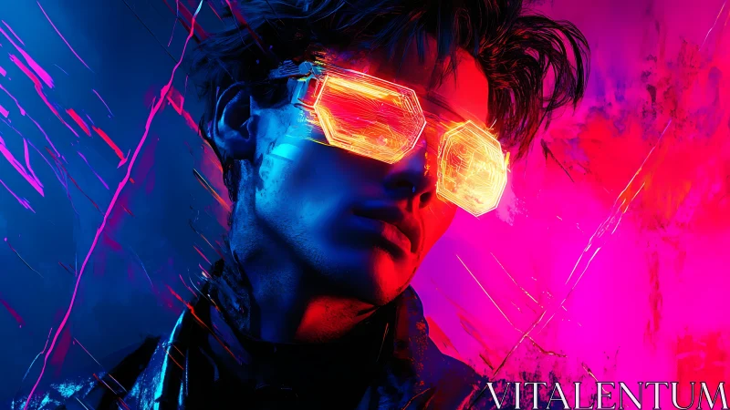 Neon glasses glow boldly around a futuristic cyberpunk dream