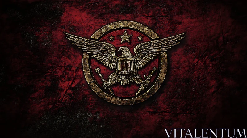 Metallic war eagle emblem over distressed crimson field.