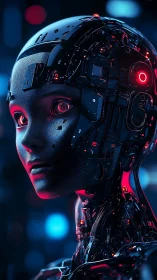 High-detail cybernetic humanoid portrait with neon bokeh lighting