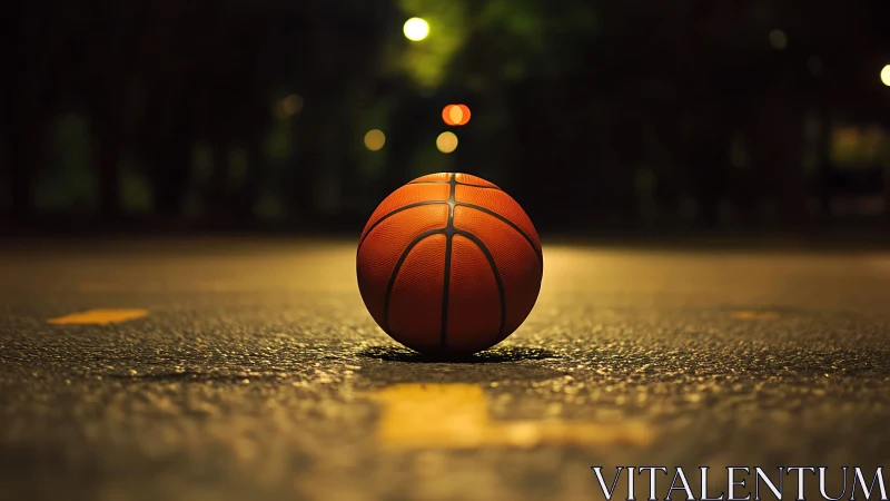 Midnight asphalt cradles a lone basketball under city glow