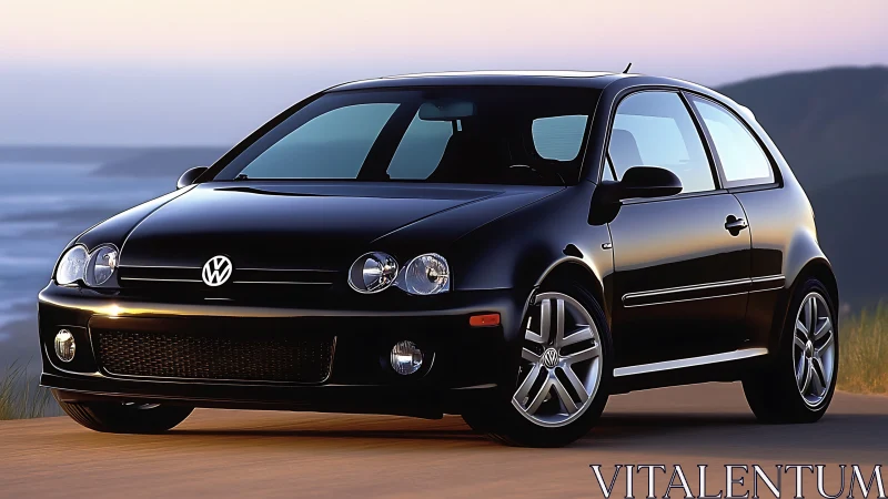 Black Volkswagen hatchback parked on coastal road at dusk