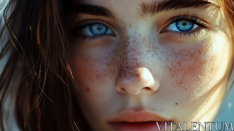 Intense blue-eyed portrait with sunlit freckles in focus.