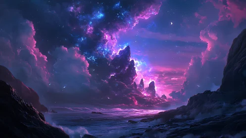 Nebula shorelines beneath prismatic cosmic storm clouds.