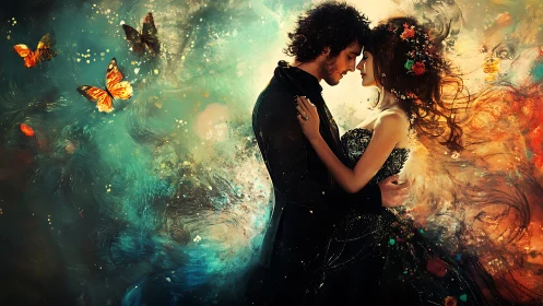 Ethereal Romantic Encounter with Luminescent Butterfly Surround.
