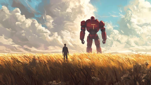 Storm-tall robot waits as lone wanderer crosses golden field