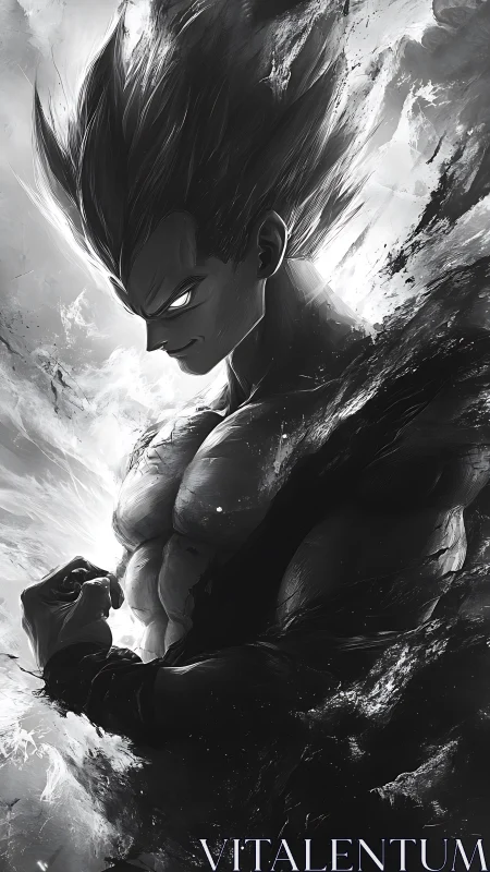 Monochrome anime warrior emerges through swirling energy storm.