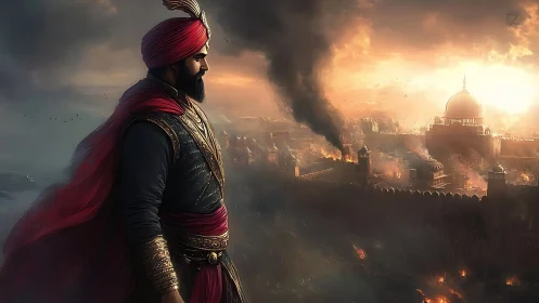 Turbaned commander surveys fortified city under dense smoke