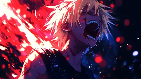 Bloodied blond fighter screams amid explosive red light