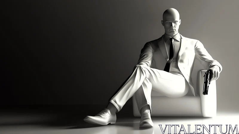 Calm figure in white suit holding steady shadows and silence.