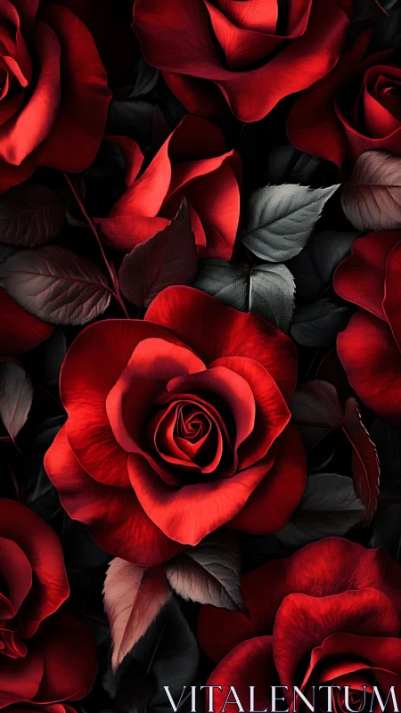 Vivid crimson roses arranged against black background.