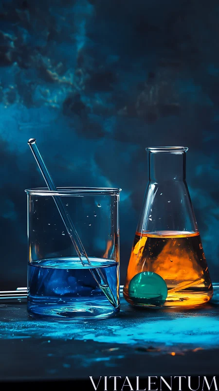 Colorful science beakers glowing with blue and amber light.