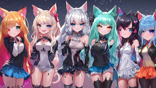 Colorful anime catgirls stand united under starry night sky.