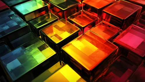 Vibrant glass cubes glow in a gradient of warm neon light