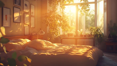 Golden-hour bedroom interior with volumetric light and foliage