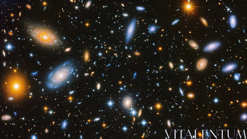 Soft galaxies and golden stars drifting through deep space.