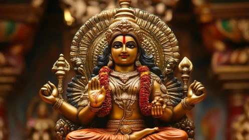 Golden Hindu deity statue sits centered with ornate halo