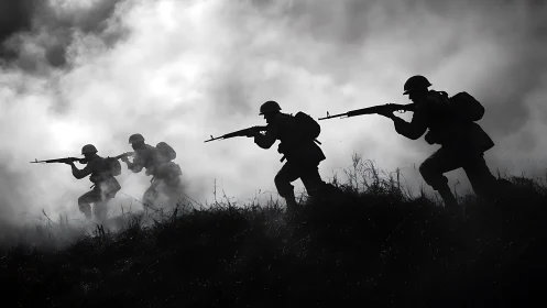 Silhouetted infantry patrol advancing through dense battlefield smoke