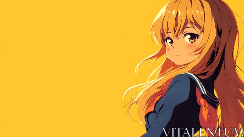 Golden haired anime girl gazes back in bold yellow light