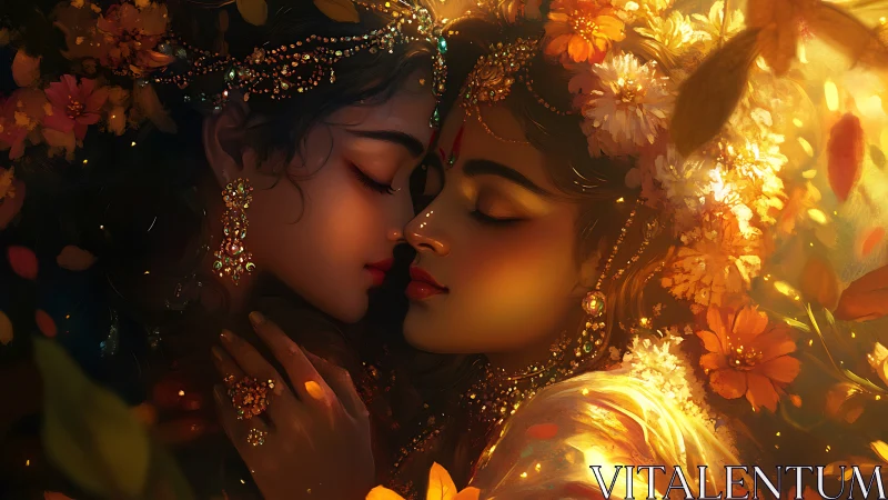 Gilded Intimacy: Celestial Figures Framed in Luminous Floral Bokeh.