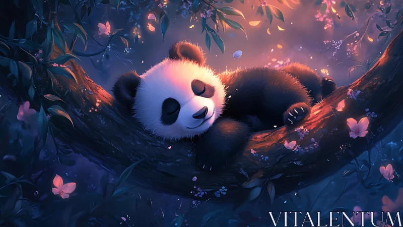 Baby panda sleeps on glowing forest branch at twilight.