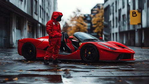 Red hypercar with hooded driver on wet urban street.