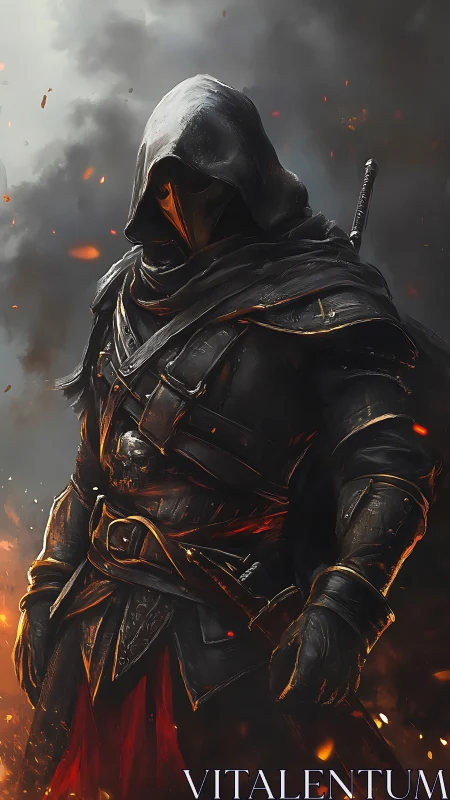 Hooded armored figure with sword amid smoke and sparks.