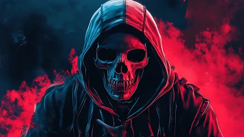 Hooded skeletal figure rendered in high contrast neon red lighting
