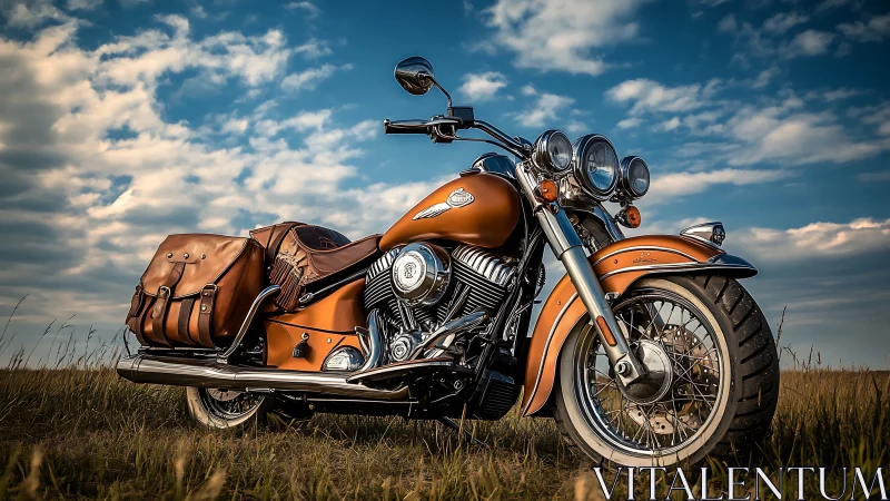 Custom touring motorcycle under dramatic sunset sky.