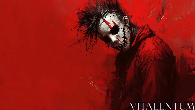 Masked slasher portrait in high-contrast red horror palette.