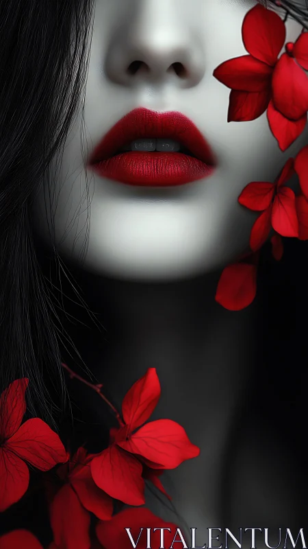 Monochrome female face fragment with red lips and petals.