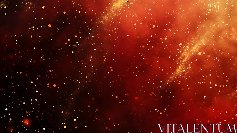 Red and gold particle field glows against dark background