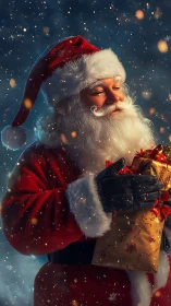 Santa Claus holding wrapped Christmas present in snow.