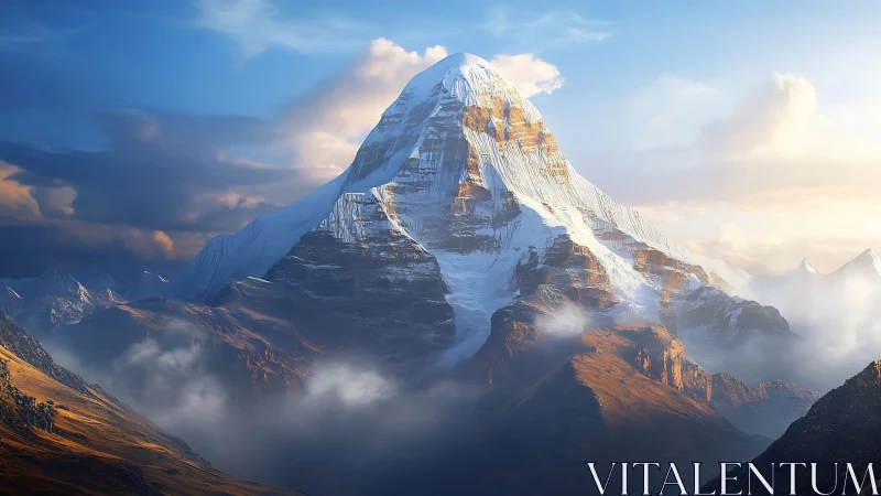 Sunlit alpine titan rising from swirling valley clouds.