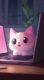 Luminescent Feline Character Emerging from Laptop Display Interface.