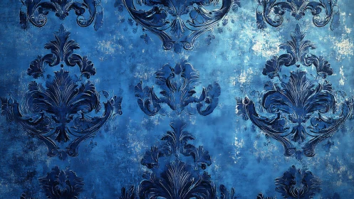 Blue damask pattern overlays distressed textured background