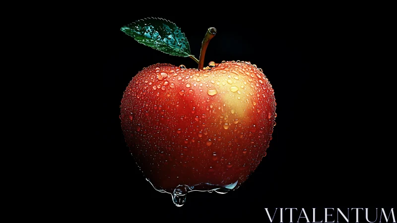 Midnight jewel apple drenched in crystalline dew drops.