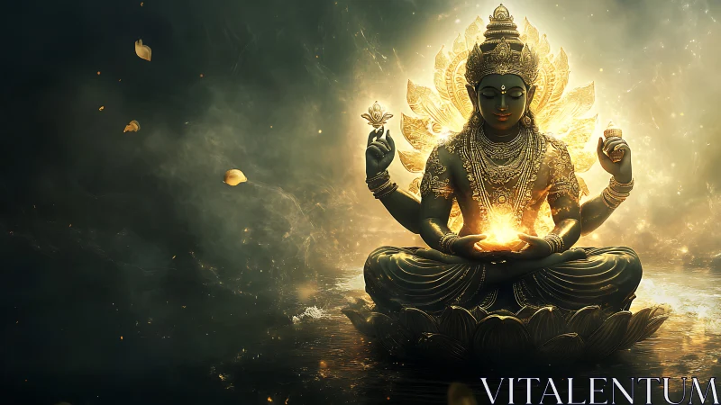 Divine luminous deity in lotus pose with radiant energy core.