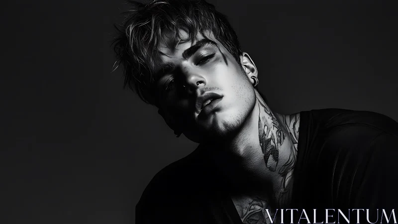 Moody tattooed man in dramatic monochrome portrait lighting.