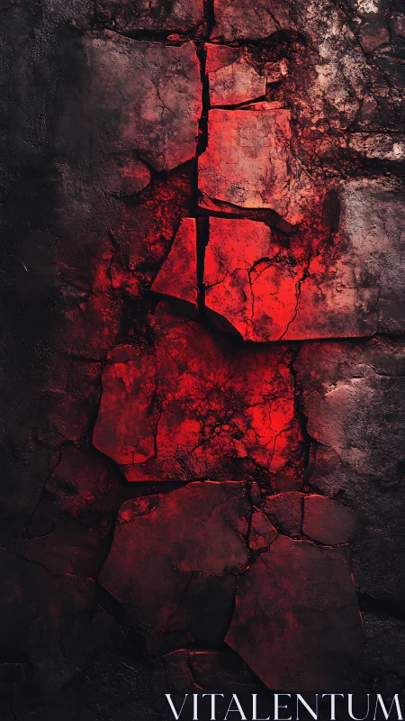 Luminous magma fissures within fractured basaltic wall surface.