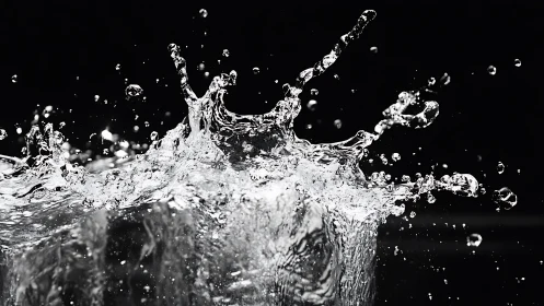 Crystalline water splash freezes motion in stark black space