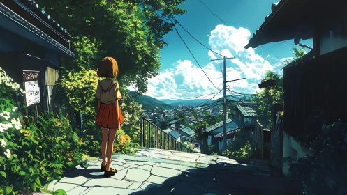 Sunlit hillside alley and daydreaming girl above townscape.