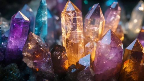 Colorful quartz crystal cluster glows under strong side lighting