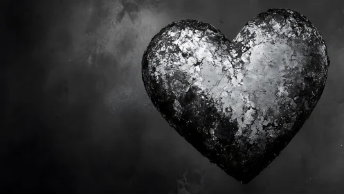Heart-shaped stone form with mineral deposits in monochrome.