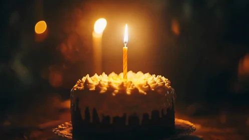 Illuminated Birthday Cake with Lit Candle Against Warm Bokeh Background