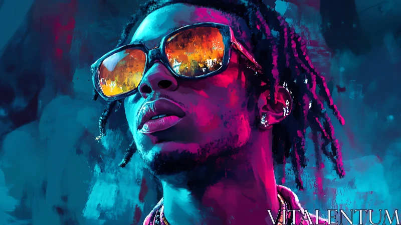 Digital portrait of man with sunglasses in neon lighting.