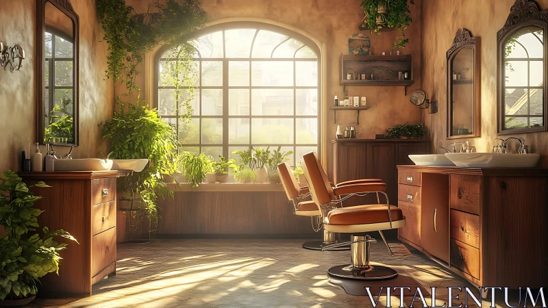 Sunlit vintage barbershop interior with plants and mirrors