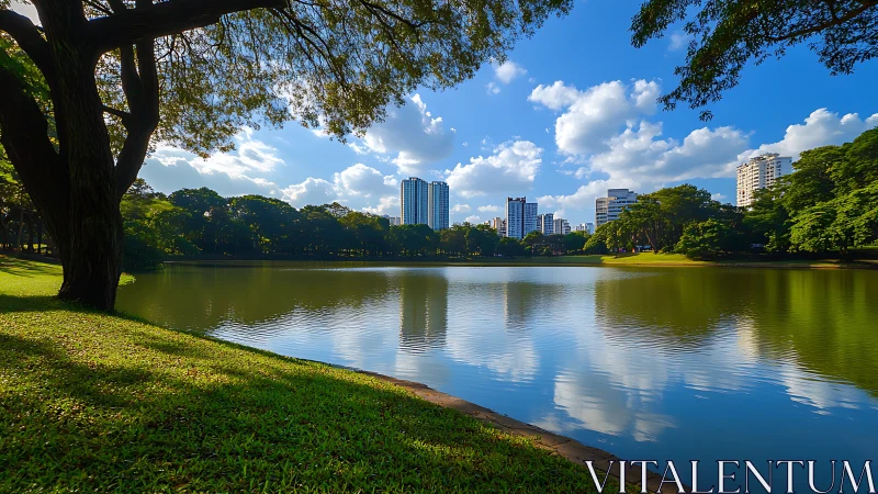 Urban skyline cradles a tranquil lakeside oasis of calm.