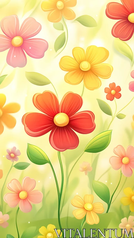 Illustrated floral arrangement with varied botanical forms and warm color gradients.